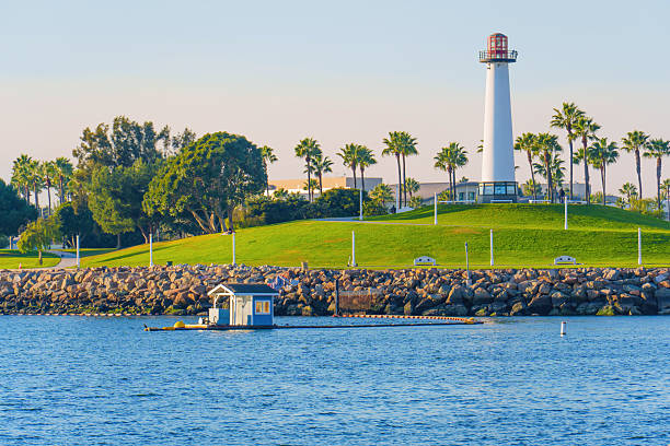 Long Beach, California - January 11, 2025: Lions Lighthouse for Sight stands tall amidst palm trees at Shoreline Marina, Long Beach, featuring a peaceful waterfront and clear blue skies.