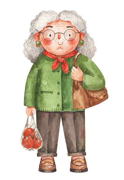 Beautiful old lady. Watercolor cartoon illustration isolated on white background. Stylish grandmother with purchases. Hand-drawn picture for greeting card print