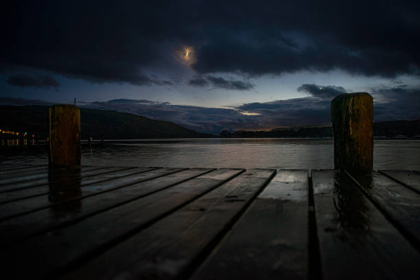 Lake shot at night, clear sky. shot from dock between two posts.