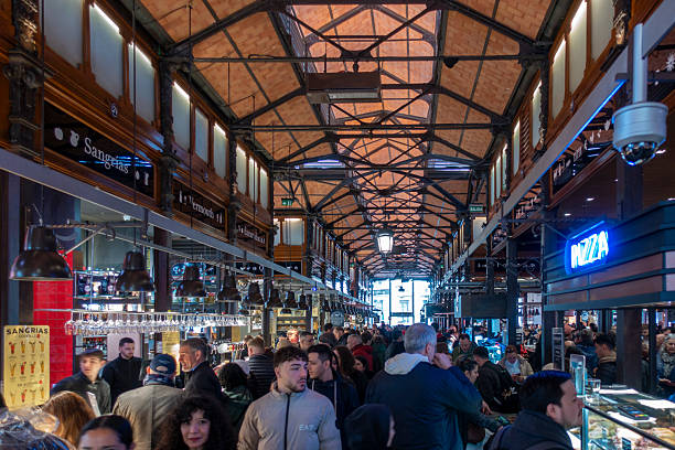 Madrid, Madrid - April 03, 2025: Interior of the San Miguel Market, is a privately owned market whose characteristic is that it preserves its original iron structure from the early 20th century.