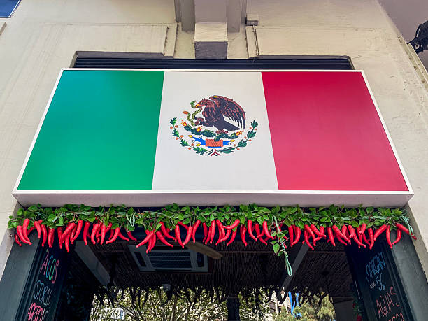 istock Mexican flag with fake plastic chili peppers hanging from it 2211921142