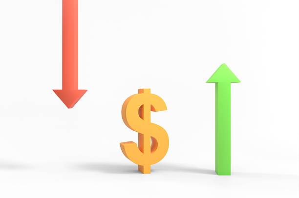 visually represents financial trends using symbolic arrows and a dollar sign. The red downward arrow on the left signifies a decline—possibly in revenue, value, or stock prices—while the green upward arrow on the right suggests growth or an increase, such as in profits or investment returns. The central dollar symbol ties both directions to financial outcomes, emphasizing the volatility and dual nature of market dynamics.
