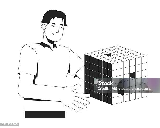 Data Cube Cartoon Asian Man Presenting Floating Digital Data Cube 2d Line Character Stock ...