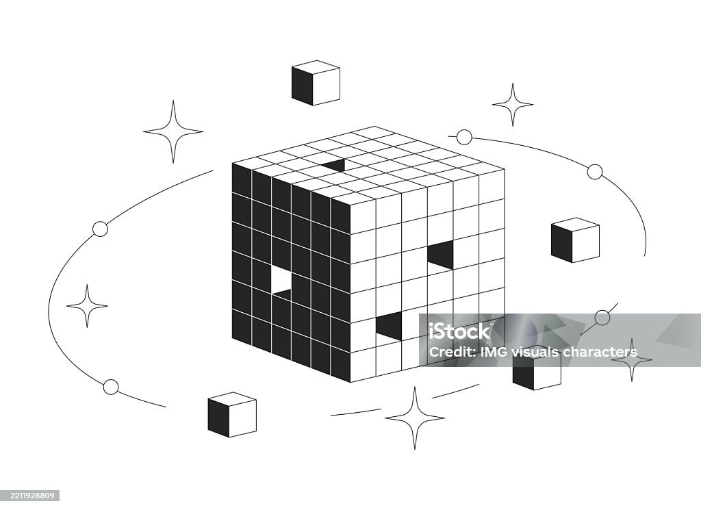 Data Blocks Object Picture Simple Digital Data Cube With Orbiting Blocks And Sparkles 2d Line Object ...