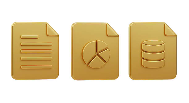 Isolated Set of Golden Document Icons Representing Data and Statistics
