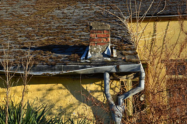 detail of old chimney. Growing moss on an old saddle roof where broken worn zinc gutter is coming loose. Due to safety, comfort and hygiene issues, these colorfully painted facades terraced houses have been declared uninhabitable