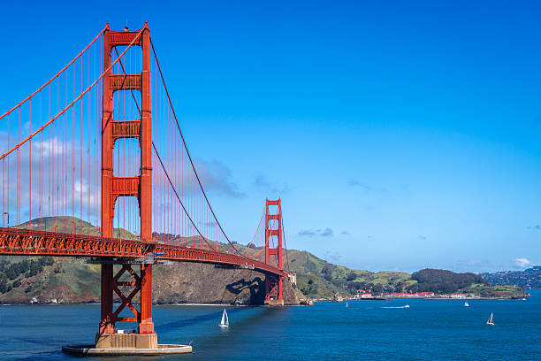 The Golden Gate Bridge stretches across the bay, its red towers contrasting against the blue sky and water, with green hills in the background