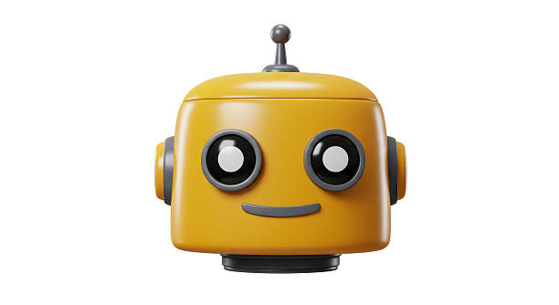 Isolated Cheerful Yellow Robot Head with Antenna and Circular Eyes