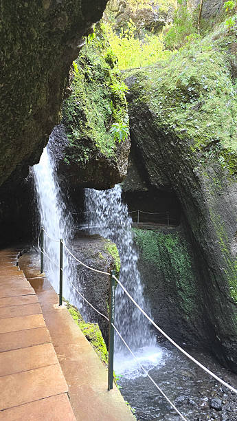 istock Walkway under waterfalls at Levada Do Moinho, Madeira 2211950427