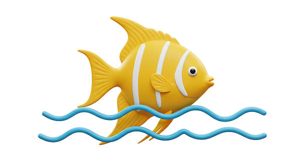 Isolated Stylized Golden Fish Swimming in Blue Waves