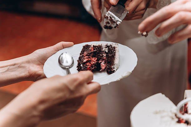 piece of chocolate cake on white plate in hands