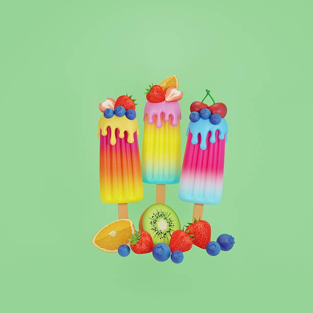 3D set of different summer fruit and berry ice creams on a stick.