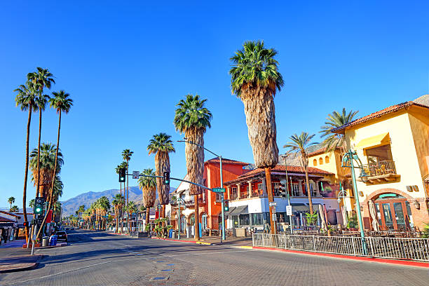 Palm Desert, California, USA - January 1, 2022: Morning sunlight illuminates the downtown area of Palm Desert.