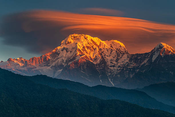 Sunrise over Annapurna range, Himalayas. The Annapurna region is in western Nepal where some of the most popular treks (Annapurna Sanctuary Trek, Annapurna Circuit) are located. Peaks in the Annapurnas include 8,091m Annapurna I, Nilgiri and Machhapuchchhre. The Annapurna peaks are among the world's most dangerous mountains to climb.