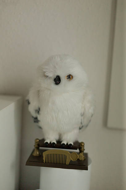 A charming white owl figurine is displayed on a stand against a neutral background that enhances it