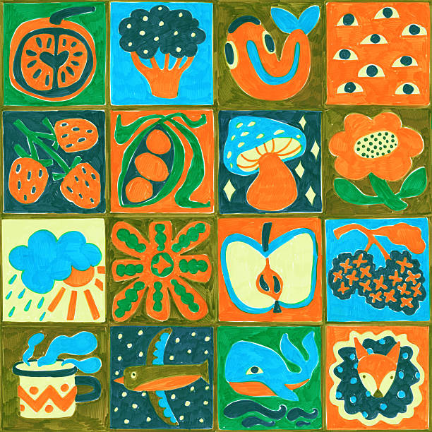 seamless acrylic marker pattern with whimsical nature and food elements, hand-drawn texture, bold colors, perfect for fabric, packaging, kids decor, handdrawn