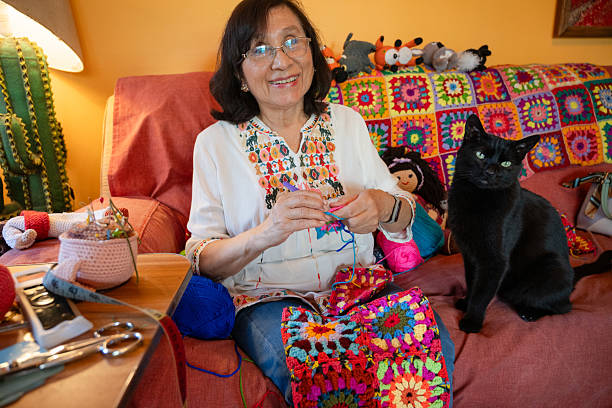 istock Handmade Creations: Senior Woman Knitting with Her Cat 2211969309