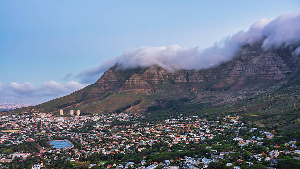 Cape Town South Africa Twilight - Moody twilight panorama of the city of Cape Town - Gardens, Oranjezicht and Vredehoek Districts under famous Table Mountain with stunning clouds hanging and drifting over the famous Table Mountains. Cape Town, South Africa, Africa