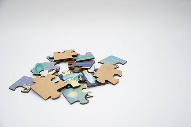 monochromatic puzzles in a pile lying on a white background