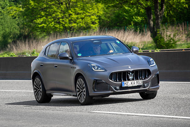 Bad Homburg, Germany - April 14, 2025: A Maserati Grecale sports utility vehicle on German highway A5 nearby Frankfurt. Maserati S.p.A. is an Italian luxury vehicle manufacturer
