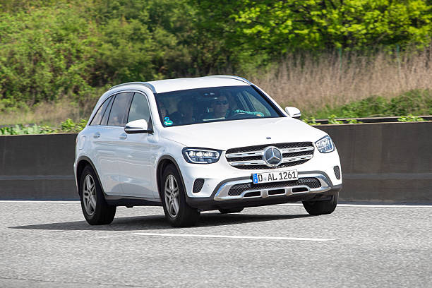 Bad Homburg, Germany - April 14, 2025: A Mercedes-Benz Sports Utility Vehicle on German highway A5 nearby Frankfurt. Mercedes-Benz is a German manufacturer of automobiles and trucks and a division of Mercedes-Benz Group AG