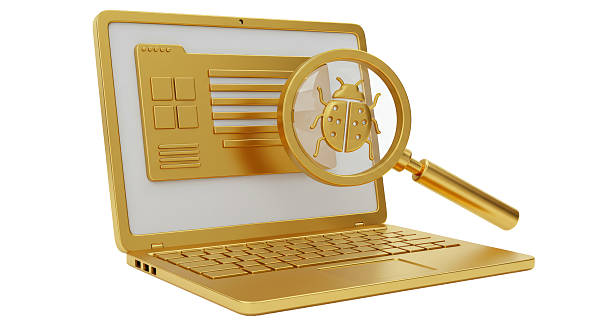 Isolated Golden Laptop with Bug Magnified on the Screen