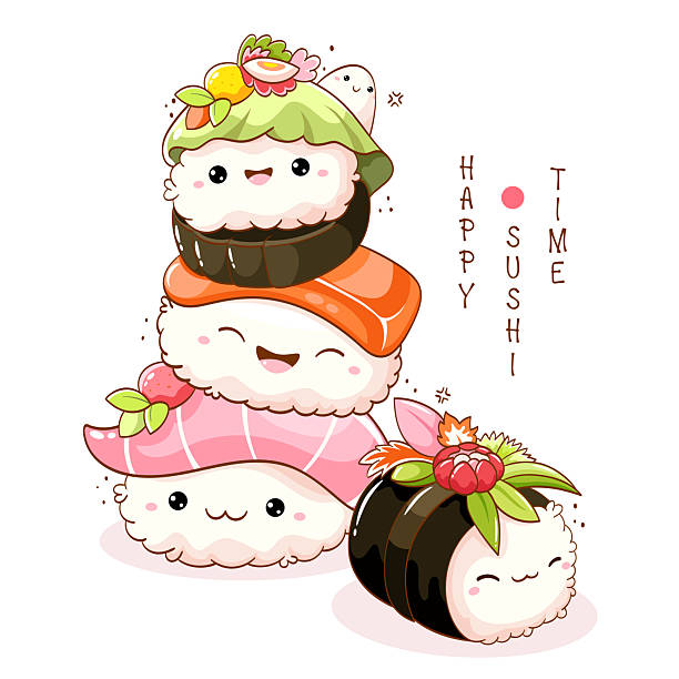 Stack of cute sushi and rolls in kawaii style with smiling faces. Japanese traditional cuisine dishes. Can be used for t-shirt print, sticker, greeting card, menu design. Vector illustration EPS8 vector art illustration