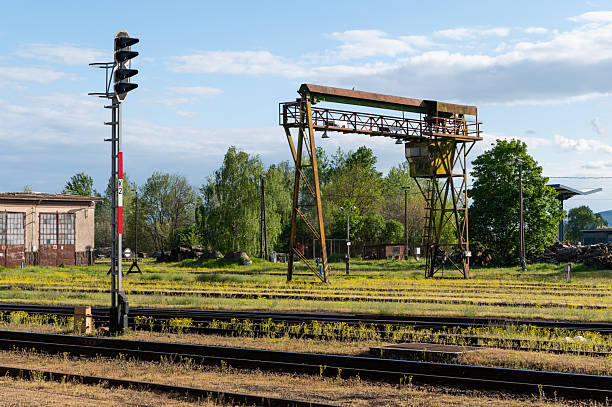 A wide view of an overgrown railway yard featuring a tall rusty gantry crane and a metal signal post. The setting includes multiple train tracks and industrial buildings in the background under a bright sky.