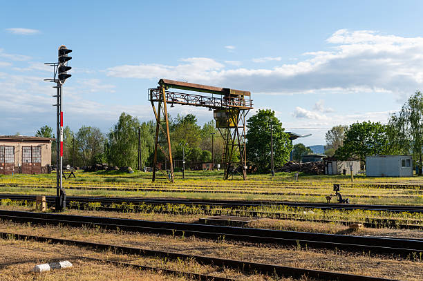 An old, rusty gantry crane stands prominently in an overgrown railway yard. Surrounded by tracks, trees, and utility buildings, the scene evokes a sense of industrial infrastructure under a clear blue sky.