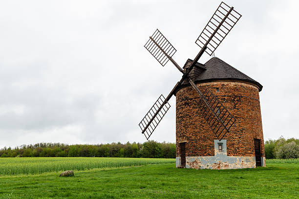 chvalkovice windmill among flowering trees in springtime