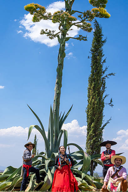 Mexican countryside scene with people in folkloric dress and a towering agave flower stalk.