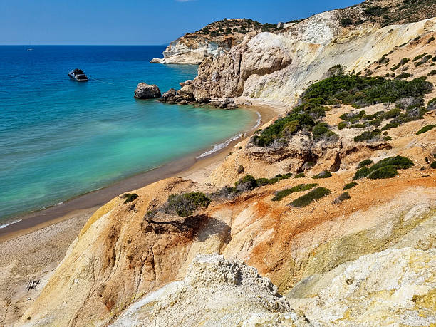 A series of images showing the natural beauty of Agios Ioannis Beach on Milos island, Greece. The beach features colorful volcanic cliffs, crystal-clear waters, and untouched natural landscapes typical of the island’s western coast.