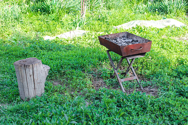 Brazier with ashes from firewood on the green grass background. Metal barbecue grill after cooking shashlik. Old small stump is used as a stool.