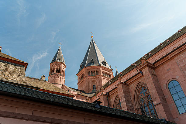 A tall building Dom St. Martin in Mainz Germany with a steeple and a clock tower. The sky is blue and clear. The building is surrounded by trees