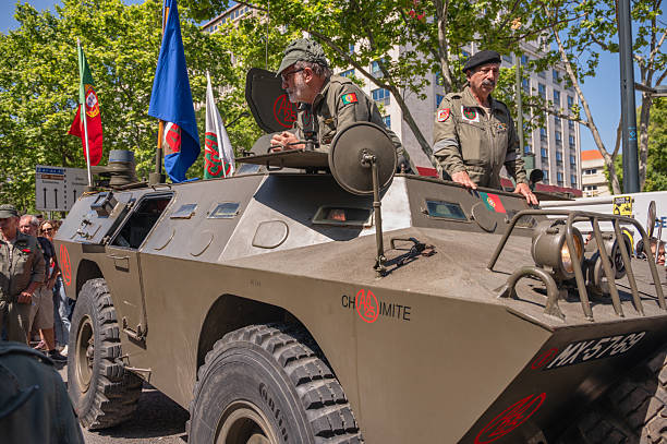 Warsaw, August - August 15th, 2016: American Abrams tanks driving on the parade during the Polish Armed Forces Day. The people are watching on the tanks during the parade.