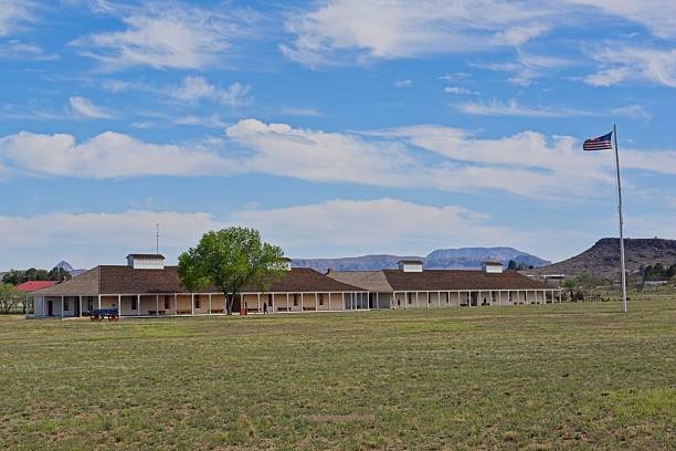 Partially restored structures and historical interpretation displays at Fort Davis National Historic Site, part of the National Park Service in Fort Davis, Texas. The fort was operational as a sanctuary for settlers migrating west from 1854-1891.
