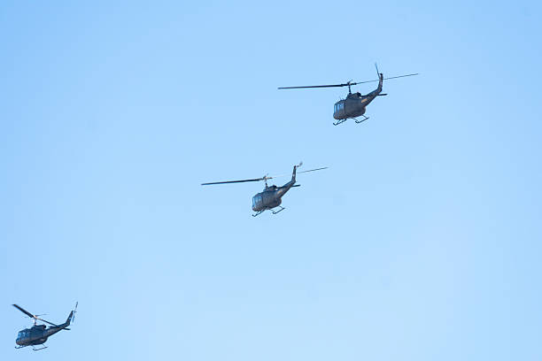 A striking aerial view of military helicopters flying closely in a precise combat formation, showcasing power and coordination.