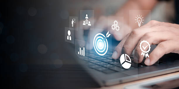 istock White dartboard and White arrow connection linkage with human icon for customer focus target group and customer relation management concept. 2212031774