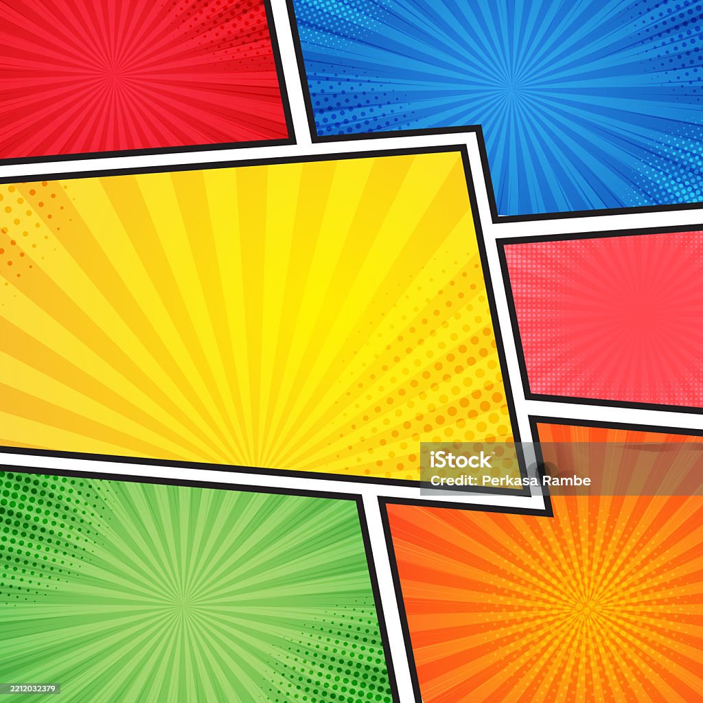 Comic book panel scene background. Vibrant comic book style panels Comic book panel scene background. Colorful comic strip template with halftone sunburst background Comic Book stock vector Comic book panel scene background. Vibrant comic book style panels Comic book panel scene background. Colorful comic strip template with halftone sunburst background Comic Book stock vector