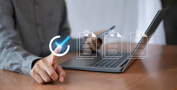 istock Businessman tick correct sign mark for document approve, project acceptance and quality assurance concept ,evaluation, online survey, online exam, checklist. 2212051016