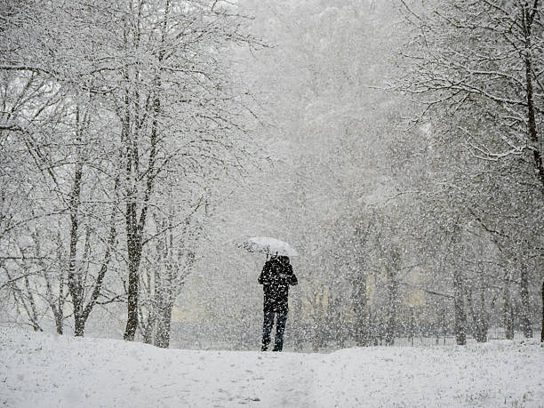istock People under the snow walk under umbrellas 2212052979
