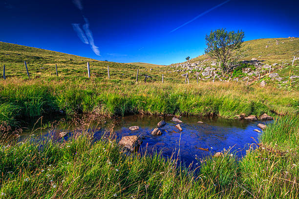 + Small watercourse winding through arid plains and passing under an old stone bridge in the valleys of Occitania.