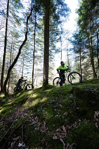 istock Mountain bikers pause on a mossy trail in a sun-dappled forest, enjoying the tranquil scenery. 2212056772