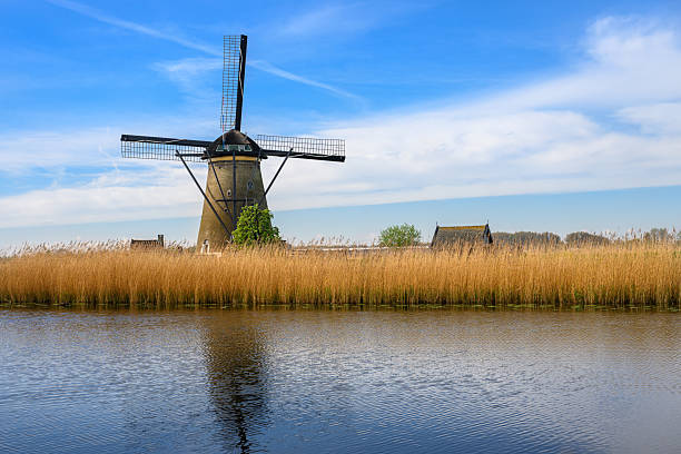 Windmills built in the 18th century at Kinderdijk, a designated UNESCO World Heritage Site in the Netherlands.