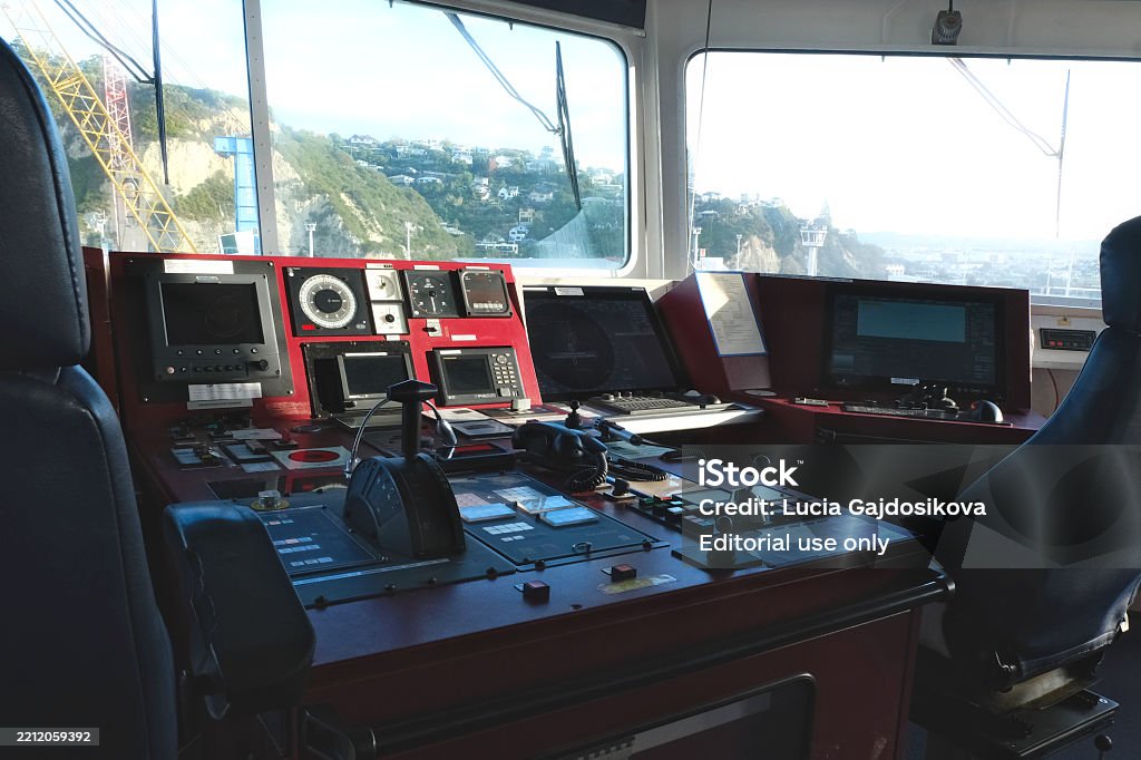 Modern Ships Bridge Control Console With Navigational Equipment And ...