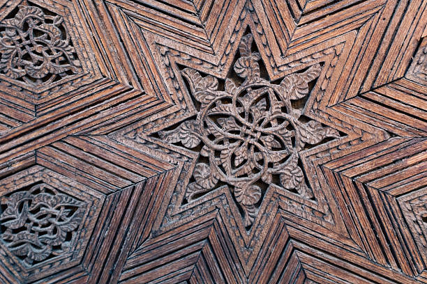 istock Old wooden tile detail Moroccan style pattern abstract texture in a building in Fez, Morocco 2212060181