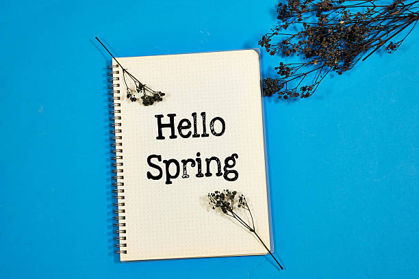 istock Notebook Stating Hello Spring with gypsophila Flowers on Blue Background 2212062625