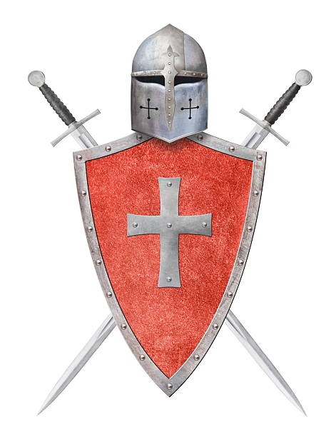 istock knight's helmet red shield and two swords isolated on white 2212066965