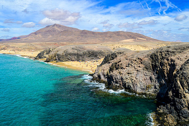 istock Lanzarote island landscape with blue sky and sand beaches 2212067871