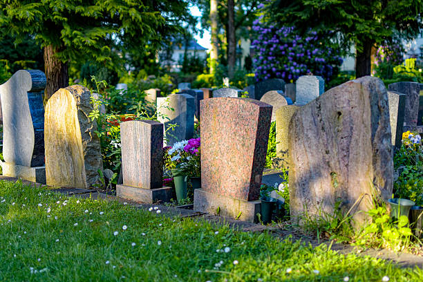 istock Back of several gravestones in a cemetery. 2212068891